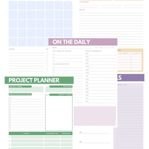 May include: A printable planner with sections for monthly glance, meetings, on the daily, and project planner. The planner has a light blue, orange, purple, and green colour scheme.