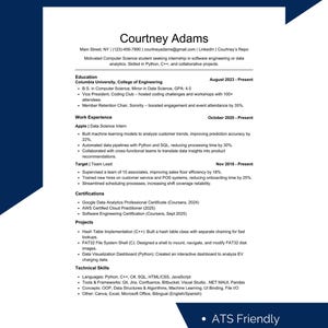 May include: A resume template with a white background and black text. The resume includes sections for education, work experience, certifications, projects, and technical skills. The resume is designed to land a job or internship offer.