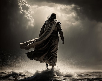 May include: A person in a long, flowing robe walks on water. The water is choppy and there are dark clouds in the sky.