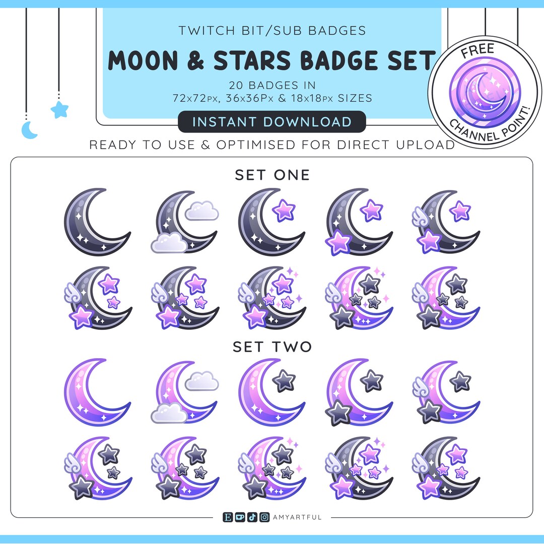 Twitch BIT SUB Badges & Channel Points Black and Purple Moon and Stars ...