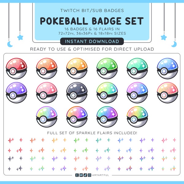 Twitch BIT SUB Badges / Flairs / Emotes / Emojis / Channel Art - Pokemon Pokeball Badges & Sparkle Flairs