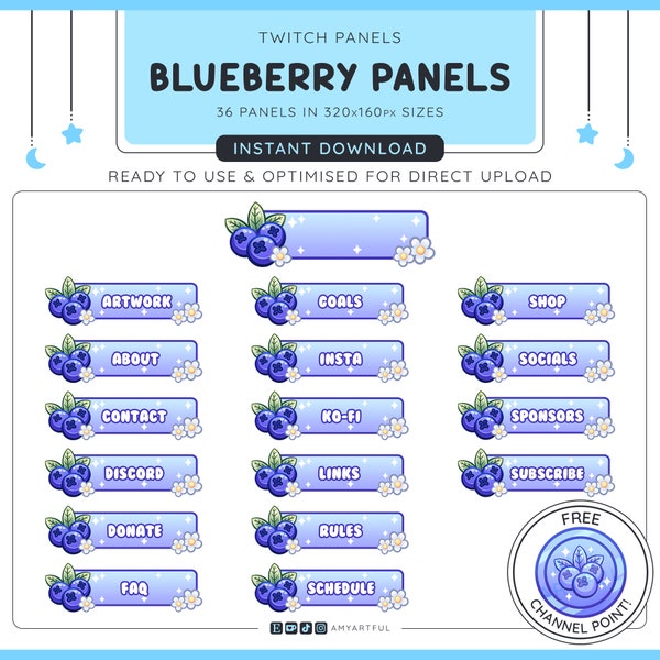 Twitch Panels / Banners / / Emotes / Badges / Channel Art PNGs - Blueberry Panels + Free Matching Channel Point