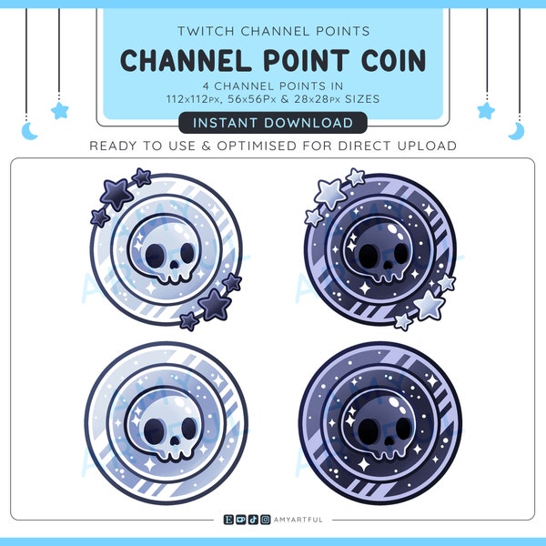 Twitch Channel Point / Emote / Emojis / Flair / Channel Art PNG - Premium Silver Grey Black Kawaii Skull Sparkles Channel Point Coins Bundle