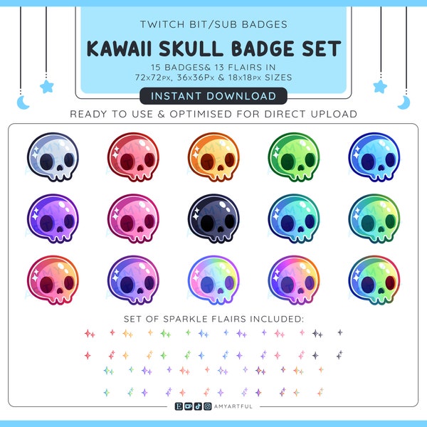 Badges PNG Twitch BIT SUB - Badges Kawaii Skulls + Sparkle Flairs