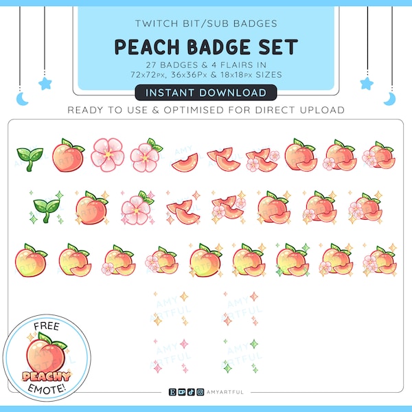 Twitch BIT SUB Badges / Flairs / Emotes / Emojis / Channel Art PNGs - Kawaii Peach Bundle: 27 Badges + 4 Flairs + Bonus FREE Emoji