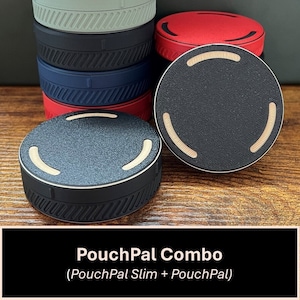 May include: A stack of round, colorful containers with textured lids. The colors include teal, black, navy, red, and a dark gray. The containers have a gold trim and the text "PouchPal Combo" is at the bottom.