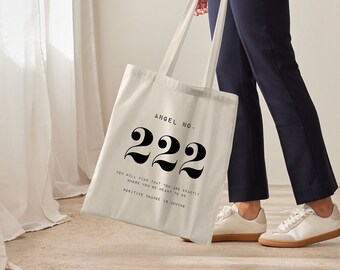 222 Angel Number Tote Bag | Angel Number Guide | Minimal Aesthetic Cute Trendy Manifesting Neutral Style | Celestial Gifts Universe Message