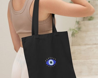Evil Eye Tote Bag • Embroidered Tote Bag ft. Nazar Amulet • Lucky Protection Minimal Manifesting Divine Energy Heavy Duty Black Shopper Bag