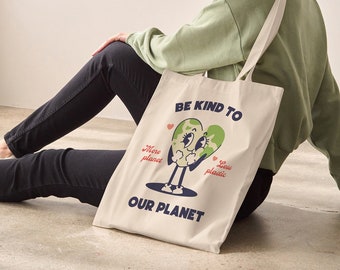 Be Kind to Our Planet Tote Bag • Cute Retro Character Saving the Planet Quote Earth Day | No Plastic Lightweight Organic Cotton Reusable Bag