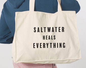 El agua salada lo cura todo Bolsa de mano • Nieta costera Estética Cita mínima Casa de playa de surfista salado • Comprador grande de gran tamaño •