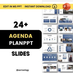 May include: A blue and white presentation template with the text "24+ AGENDA PLANPPT SLIDES" and the social media handle "@aarnaology". The template includes 12 different slides with various layouts and design elements.