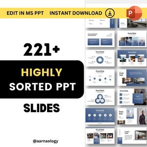 May include: A digital product listing for 221+ highly sorted PowerPoint slides. The image shows a preview of some of the slides, which feature a variety of layouts and design elements. The slides are in a blue and white colour scheme and include text, charts, and images.