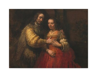 May include: A painting of a couple standing close together. The man is wearing a yellow and brown patterned jacket and the woman is wearing a red dress with a white lace collar. The painting is set against a dark background.