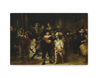 May include: A painting depicting a group of men in 17th-century clothing, some holding muskets, with a young girl in the center. The men are standing in a dimly lit room, and the painting is done in a dark, dramatic style.