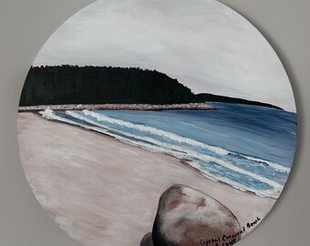 Crystal Crescent Beach Acrylgemälde: Nova Scotia Küstenkunst, 12-Zoll runde Leinwand