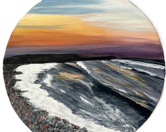 Peinture acrylique ronde de 30 cm de la plage de Lawrencetown au coucher du soleil - oeuvre d'art originale de la Nouvelle-Écosse
