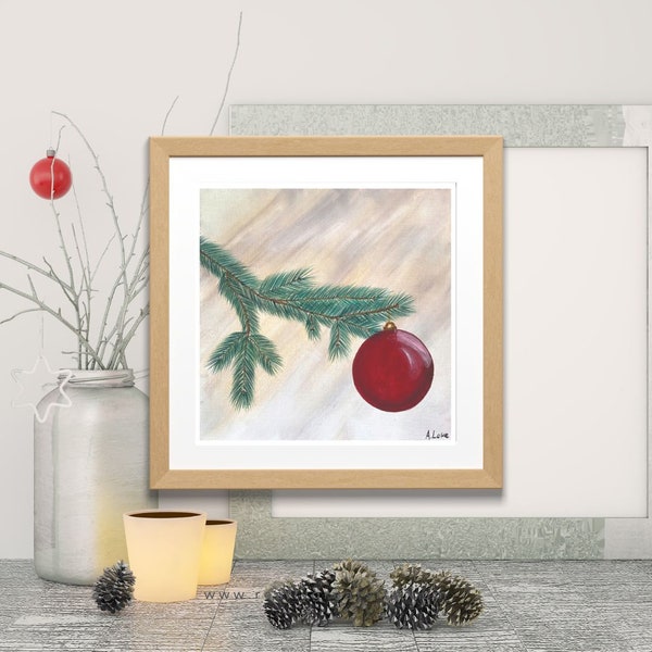 Christmas Painting / Christmas Wall Decor / Christmas Tree Branch / Red Christmas Ornament / Red Christmas Bauble / Holiday Print