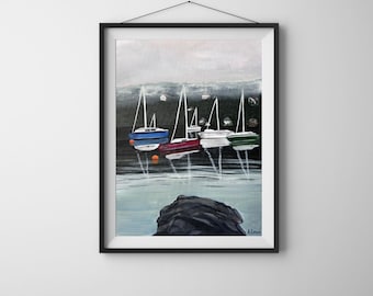 Original Acrylgemälde von Segelbooten in einer Marina an einem nebligen Tag – 12 x 16 Zoll – nautische Wandkunst