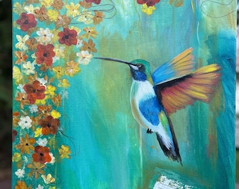 Pintura original en técnica mixta: Danza de agosto, Colibrí y flores con poesía en collage. Arte realista abstracto en acrílico y pastel.
