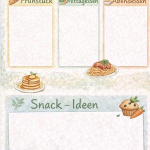 以下が含まれることがあります： 水彩画風の食事プランナー。朝食、昼食、夕食、おやつアイデアのセクションがあります。パンケーキ、パスタ、マフィンなどの食べ物のイラストが含まれています。「Tages-Essensplan」というタイトルが上部にあります。