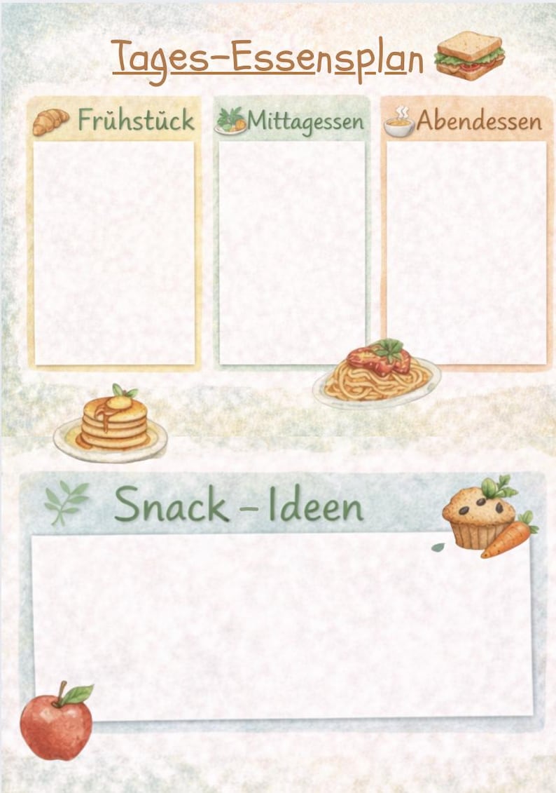 May include: Watercolor-style meal planner with sections for breakfast, lunch, and dinner, plus snack ideas. Includes illustrations of food items like pancakes, pasta, and a muffin. The title "Tages-Essensplan" is at the top.