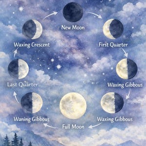 Pode incluir: Ilustração em aquarela do ciclo lunar, mostrando as fases da Lua Nova à Lua Cheia. A imagem inclui o texto "The Moon Cycle" e fases como "Quarto Crescente" contra um céu estrelado e uma paisagem montanhosa.