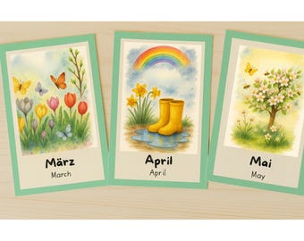 May include: Three watercolor cards with spring themes. The cards display the months March, April, and May. The March card shows flowers and butterflies. The April card shows yellow rain boots and a rainbow. The May card shows a flowering tree.
