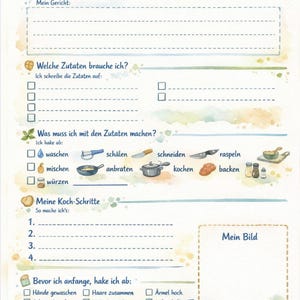 May include: A watercolor-style cooking journal with the title "Heute koche ich selbst!" in German. The journal includes sections for the dish, ingredients, cooking steps, and a space for a photo.