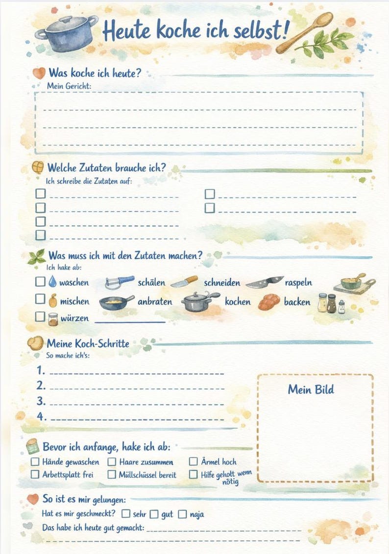 May include: A watercolor-style cooking journal with the title "Heute koche ich selbst!" in German. The journal includes sections for the dish, ingredients, cooking steps, and a space for a photo.
