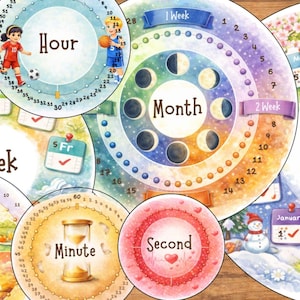 May include: Educational time-telling charts for kids, featuring illustrations of hours, minutes, seconds, days, weeks, months, and a year. Each chart has a colorful design with a playful theme, including a soccer player and a basketball player.