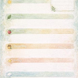 May include: Meal prep planner for kids with watercolor style design. The planner features sections for each day of the week, with illustrations of a sun, leaf, apple, honey pot, star, cloud, and smiley face. Includes a notes section with a pencil.