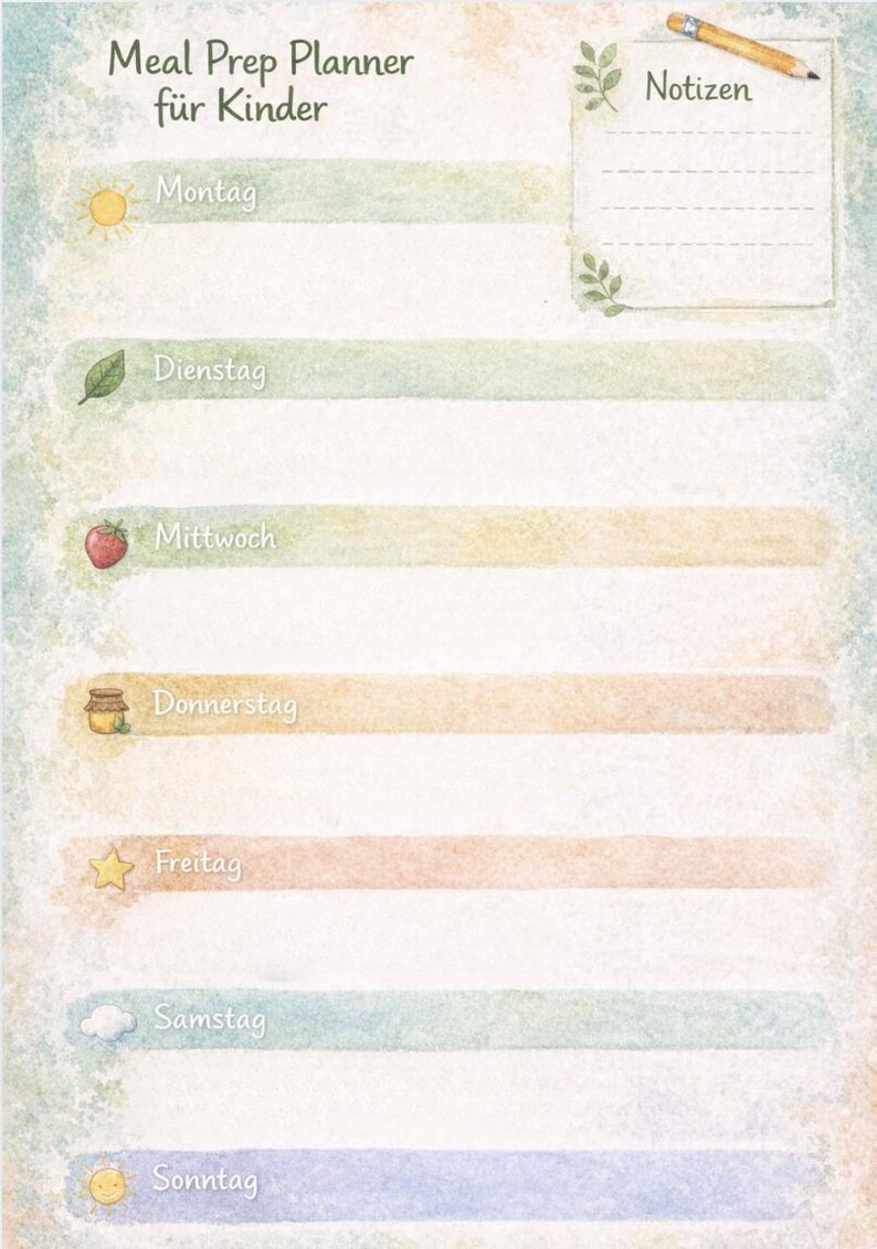 May include: Meal prep planner for kids with watercolor style design. The planner features sections for each day of the week, with illustrations of a sun, leaf, apple, honey pot, star, cloud, and smiley face. Includes a notes section with a pencil.