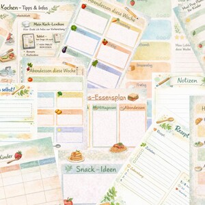May include: A collection of watercolor-style meal planning and recipe sheets. The sheets feature titles like "Meal Prep Planner for Kinder" and "Abendessen diese Woche." The color palette includes soft greens, blues, and yellows, with illustrations of food items.
