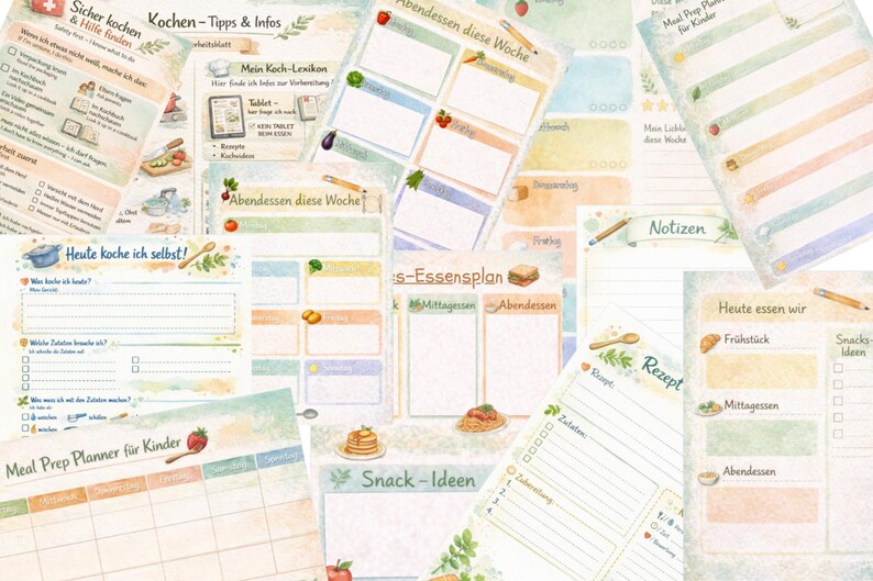 May include: A collection of watercolor-style meal planning and recipe sheets. The sheets feature titles like "Meal Prep Planner for Kinder" and "Abendessen diese Woche." The color palette includes soft greens, blues, and yellows, with illustrations of food items.