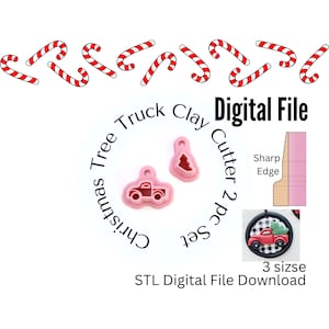 Könnte beinhalten: Digitaler Download von STL-Dateien zum 3D-Druck von Weihnachtsbaum- und LKW-Ton-Ausstechern. Die Ausstecher sind rosa und haben scharfe Kanten. Das Bild zeigt auch einen roten LKW mit einem Weihnachtsbaum oben drauf und den Text "Christmas Tree Truck Clay Cutter 2 pc set".