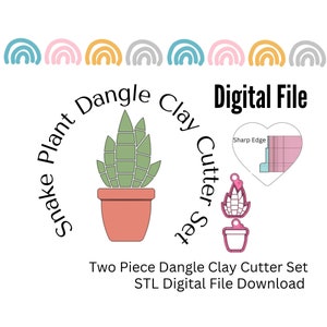 Op de afbeelding: Tweedelige digitale download van een STL-bestand voor een set van twee uitsteekvormen voor klei in de vorm van een slangplant. De set bevat een slangplant in een pot en een aparte slangplant. De uitsteekvormen zijn roze en wit.