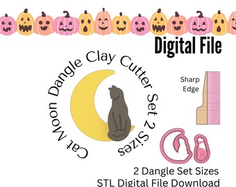 Peut inclure: Téléchargement numérique de deux fichiers STL pour un ensemble de découpeurs à pâte à modeler en forme de chat et de lune. L'ensemble comprend deux tailles de découpeurs, avec un bord tranchant pour des coupes nettes. L'image montre un chat noir assis sur une lune en croissant jaune.
