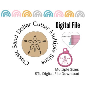 Puede incluir: Un archivo digital descargable para un cortador de galletas de dólar de arena impreso en 3D. La imagen muestra un cortador de galletas de dólar de arena marrón con un diseño en forma de estrella. El texto "Classic Sand Dollar Cutter Multiple Sizes" está escrito alrededor del cortador de galletas. El texto "Digital File" está escrito en letras grandes en la parte superior de la imagen. El texto "Multiple Sizes" está escrito debajo de la imagen del cortador de galletas. El texto "STL Digital File Download" está escrito debajo del texto "Multiple Sizes".