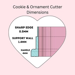 May include: Diagram of a cookie and ornament cutter showing the dimensions of the sharp edge (0.5 mm), support wall (1.4 mm), and handle (4 mm).