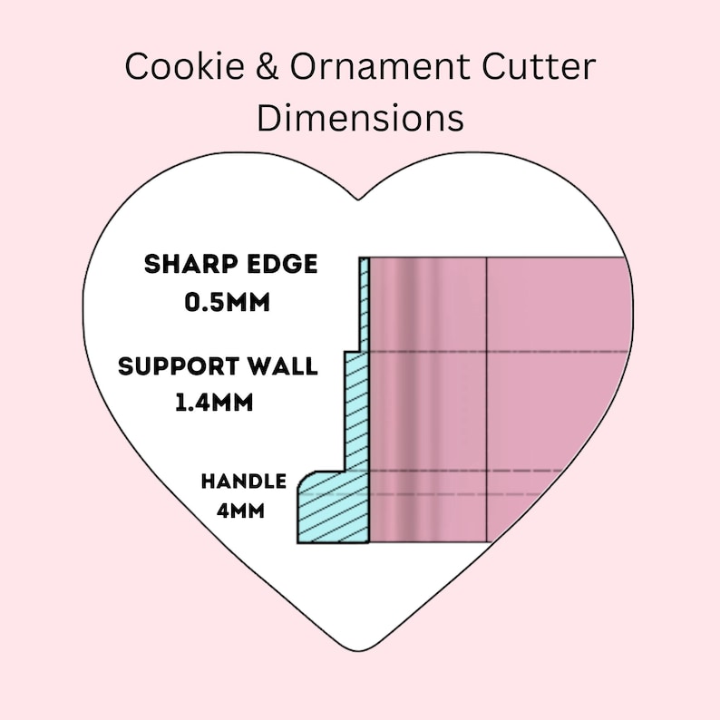 May include: Diagram of a cookie and ornament cutter showing the dimensions of the sharp edge (0.5 mm), support wall (1.4 mm), and handle (4 mm).