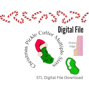 May include: Digital file download for a Christmas pickle cutter. The image shows a green pickle wearing a red Santa hat, surrounded by candy canes. The text "Christmas Pickle Cutter" is written in a circle around the pickle.