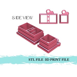 May include: A 3D printed pink plastic cookie cutter in the shape of a film reel. The cookie cutter is made up of three pieces, a base, a middle section with a film reel design, and a top piece with a handle. The cookie cutter is shown from the side, with the handle facing the right. The image also shows a side view of the cookie cutter, and two separate images of the top and bottom pieces of the cookie cutter.
