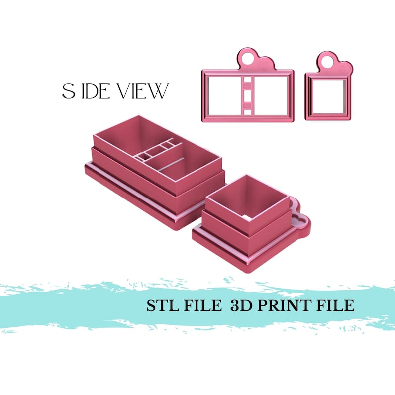 May include: A 3D printed pink plastic cookie cutter in the shape of a film reel. The cookie cutter is made up of three pieces, a base, a middle section with a film reel design, and a top piece with a handle. The cookie cutter is shown from the side, with the handle facing the right. The image also shows a side view of the cookie cutter, and two separate images of the top and bottom pieces of the cookie cutter.