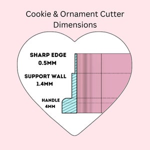 May include: Diagram of a cookie and ornament cutter showing the dimensions of the sharp edge (0.5 mm), support wall (1.4 mm), and handle (4 mm).