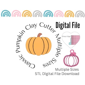 Peut inclure: Un fichier numérique téléchargeable pour une emporte-pièce en argile en forme de citrouille imprimable en 3D. L'image montre une forme de citrouille classique avec un bord tranchant. Le texte sur l'image indique "Classic Pumpkin Clay Cutter Multiple Sizes Digital File".