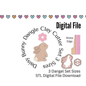 Puede incluir: Descarga de archivo digital para un conjunto de cortadores de arcilla imprimibles en 3D de un conejito margarita con una flor. El conjunto incluye tres tamaños de cortadores. La imagen muestra una flor rosa, un conejito marrón y un contorno rosa del cortador.