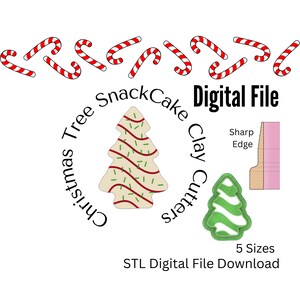 May include: Digital download of five sizes of Christmas tree cookie cutters. The cutters are designed for use with clay, snack cake, and fondant. The image shows a white Christmas tree with red and green sprinkles, and a green Christmas tree cookie cutter.