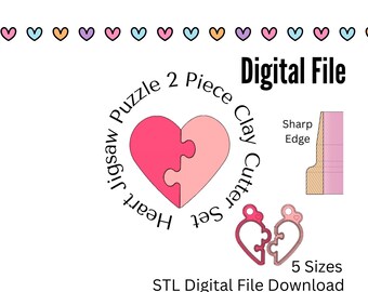 Puede incluir: Archivo digital para un juego de cortadores de arcilla con forma de rompecabezas de corazón. El diseño presenta un corazón de dos piezas en rosa y rosa claro, con el texto "Digital File" y "5 Sizes".