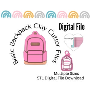 以下が含まれることがあります： 基本的なバックパックの粘土カッター用のデジタルファイルダウンロード。画像は、茶色のストラップと茶色のポケットが付いたピンクのバックパックを示しています。テキスト「Basic Backpack Clay Cutter Files」は、バックパックの周りに円形で書かれています。テキスト「Digital File」は、画像の右上隅に書かれています。テキスト「Multiple Sizes」は、バックパックの下に書かれています。テキスト「STL Digital File Download」は、テキスト「Multiple Sizes」の下に書かれています。
