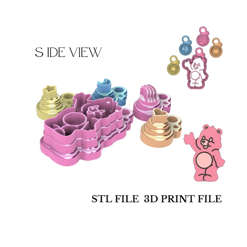 May include: A set of 3D printable cookie cutters featuring a Care Bear design. The cutters are pink, yellow, and blue. The set includes a Care Bear with a heart, a star, and a moon. The text "SIDE VIEW" and "STL FILE 3D PRINT FILE" is visible in the image.